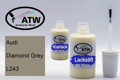 Audi, Diamond Grey, L243: 20ml Lackstift + 20ml Klarlack - Set, von ATW Autoteile West.